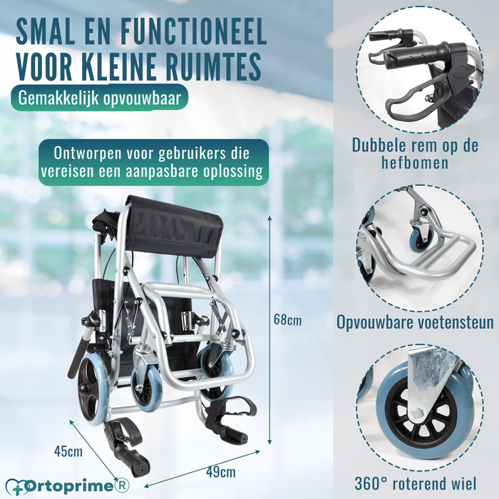 Smalle Opvouwbare Transportrolstoel van Aluminium | Handrem