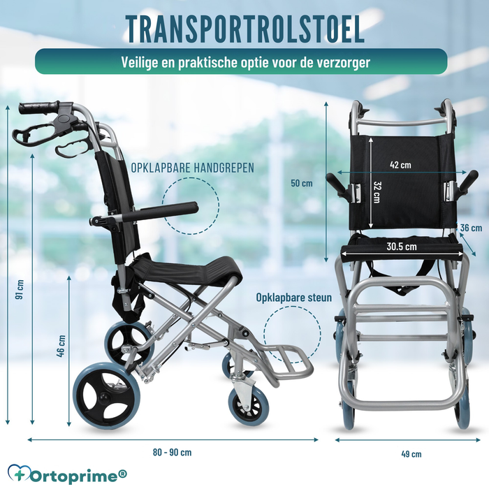 Smalle Opvouwbare Transportrolstoel van Aluminium | Handrem