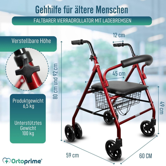 Rollator van Aluminium met Rem en Gewatteerde Zitting