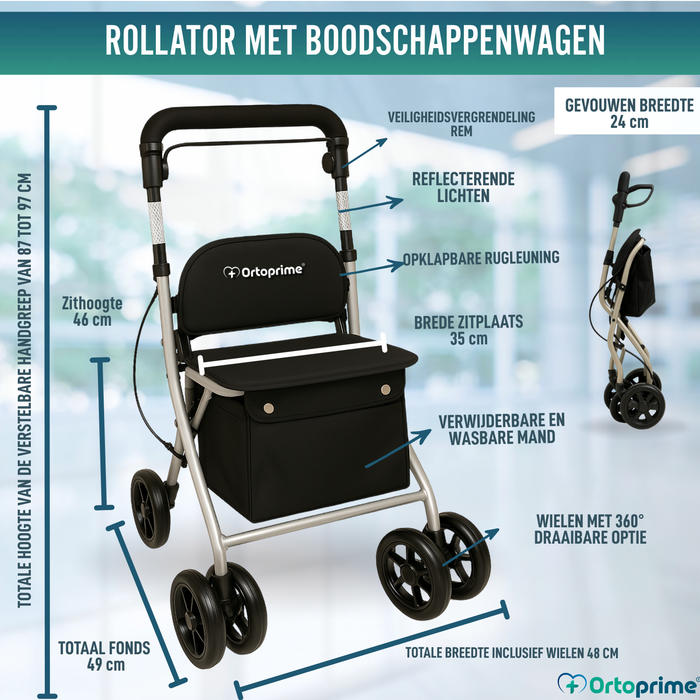 Opvouwbare Rollator voor Volwassenen met Boodschappenmand