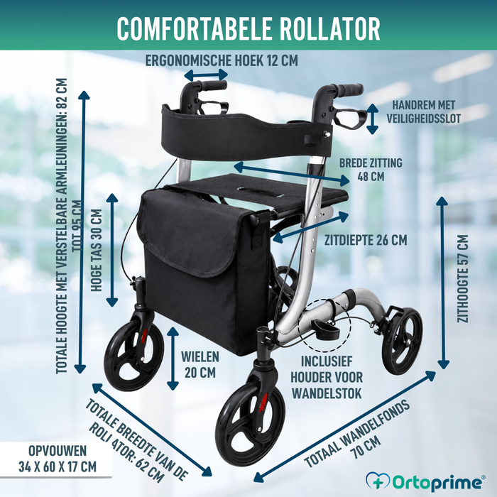 Rollator voor Ouderen Aluminium 4 Wielen Opvouwbaar Zitje en Remmen