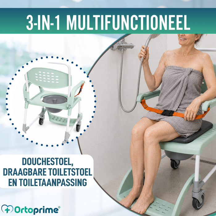 Douche Toiletstoel met Wielen 3 in 1 | Zitting met Afvoer