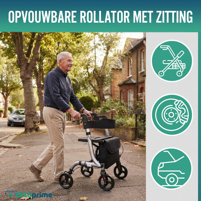 Rollator voor Ouderen Aluminium 4 Wielen Opvouwbaar Zitje en Remmen