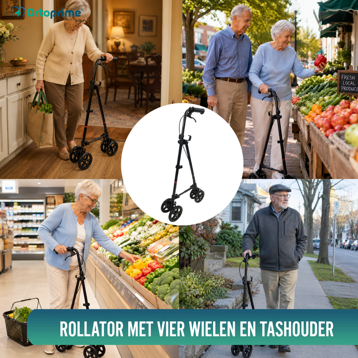 4-Wiels Stok met Achterrem | Verstelbare Hoogte