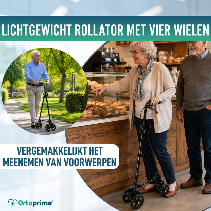 4-Wiels Stok met Achterrem | Verstelbare Hoogte