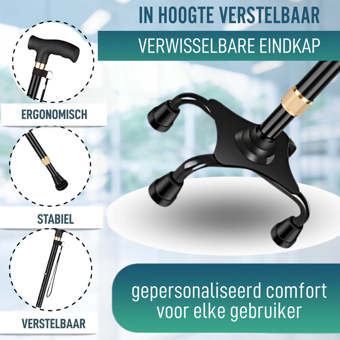 Verstelbare 4-poots Wandelstok | Verwisselbare Voet