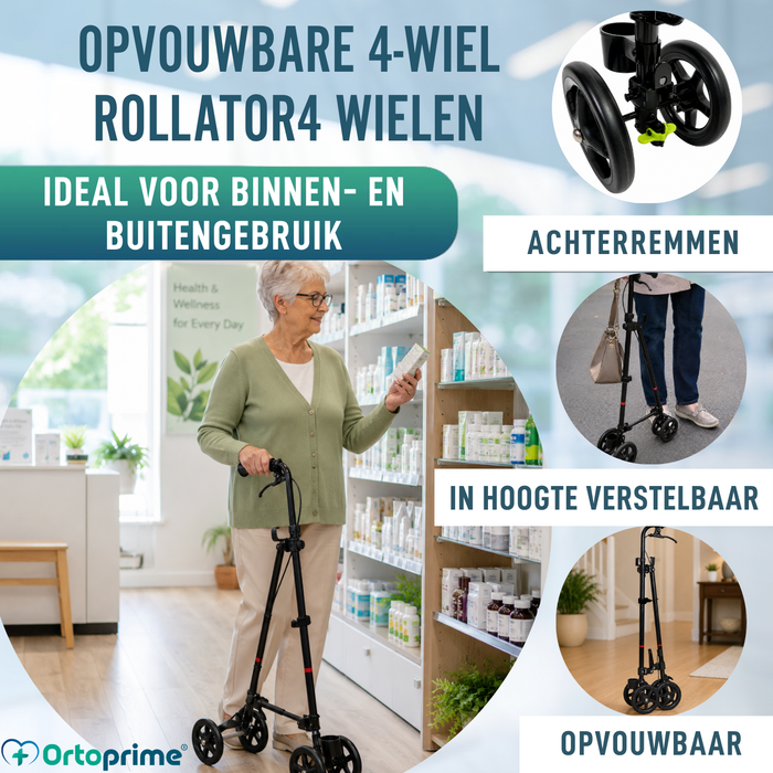 4-Wiels Stok met Achterrem | Verstelbare Hoogte