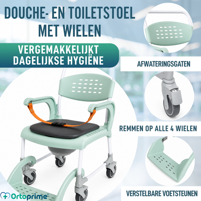Douche Toiletstoel met Wielen 3 in 1 | Zitting met Afvoer