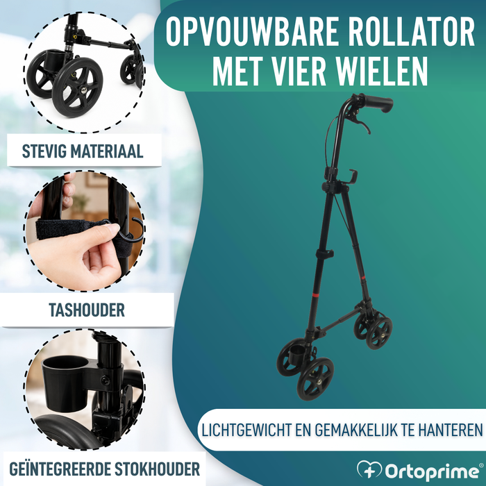 4-Wiels Stok met Achterrem | Verstelbare Hoogte