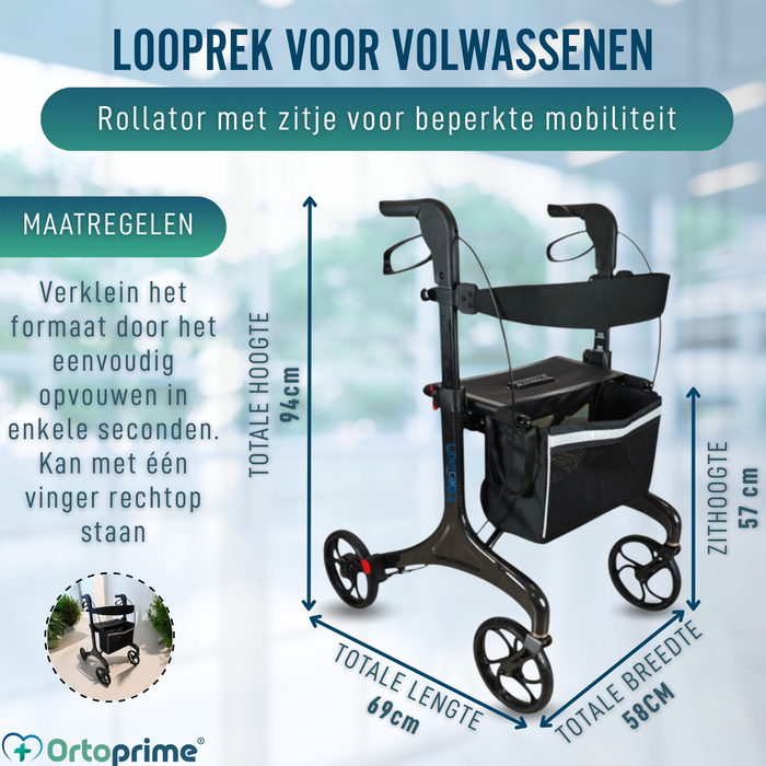 Vouwbare Rollator voor Volwassenen met Zitje | Koolstofvezel