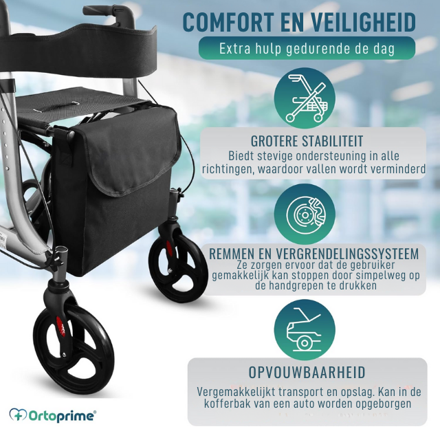 Rollator met zitje en mandje voor buitengebruik