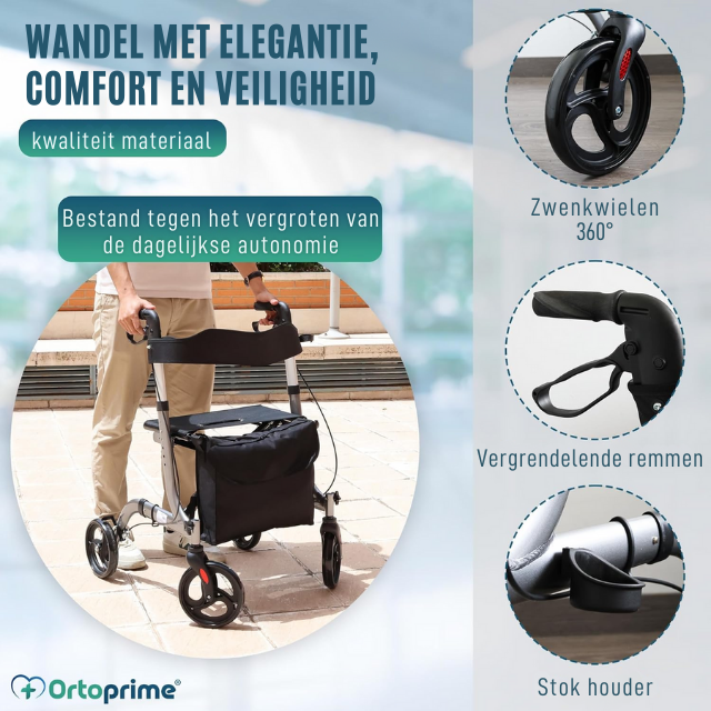 Rollator met zitje en mandje voor buitengebruik