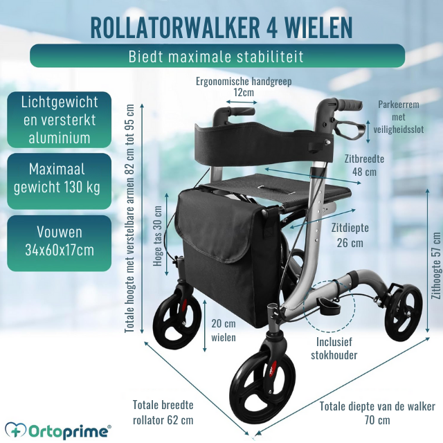 Rollator met zitje en mandje voor buitengebruik