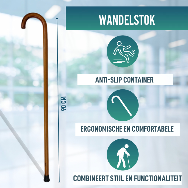 Orthopedische Houten Wandelstok Senioren Glad | Gebogen Handvat