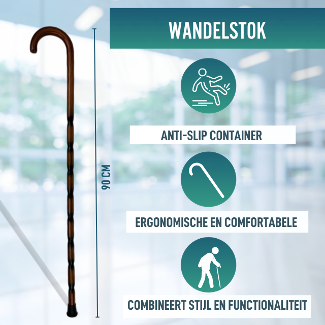 Houten Gegraveerde Orthopedische Wandelstok voor Senioren | Gebogen Handvat