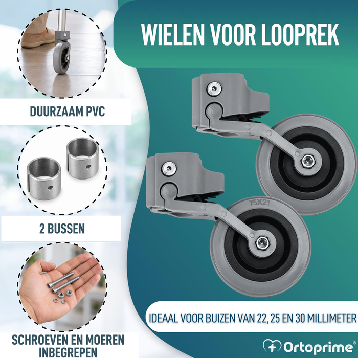 Set van 2 Wielen voor Rollators en Looprekken 22, 25 en 30 mm
